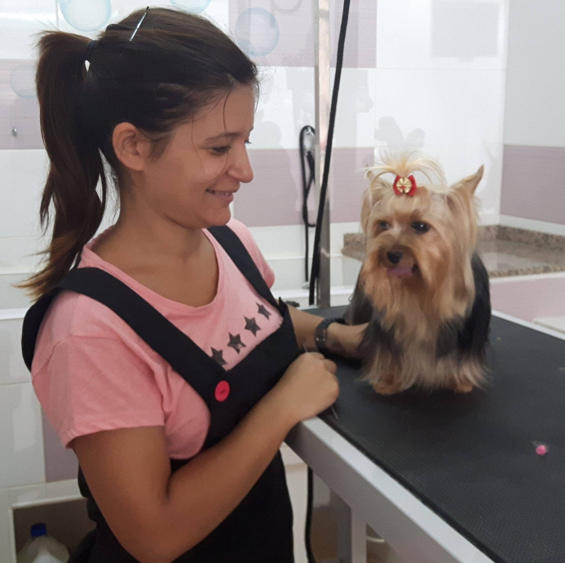 Jennifer arreglando un yorkshire en el primer salón de Pelussos, 2016