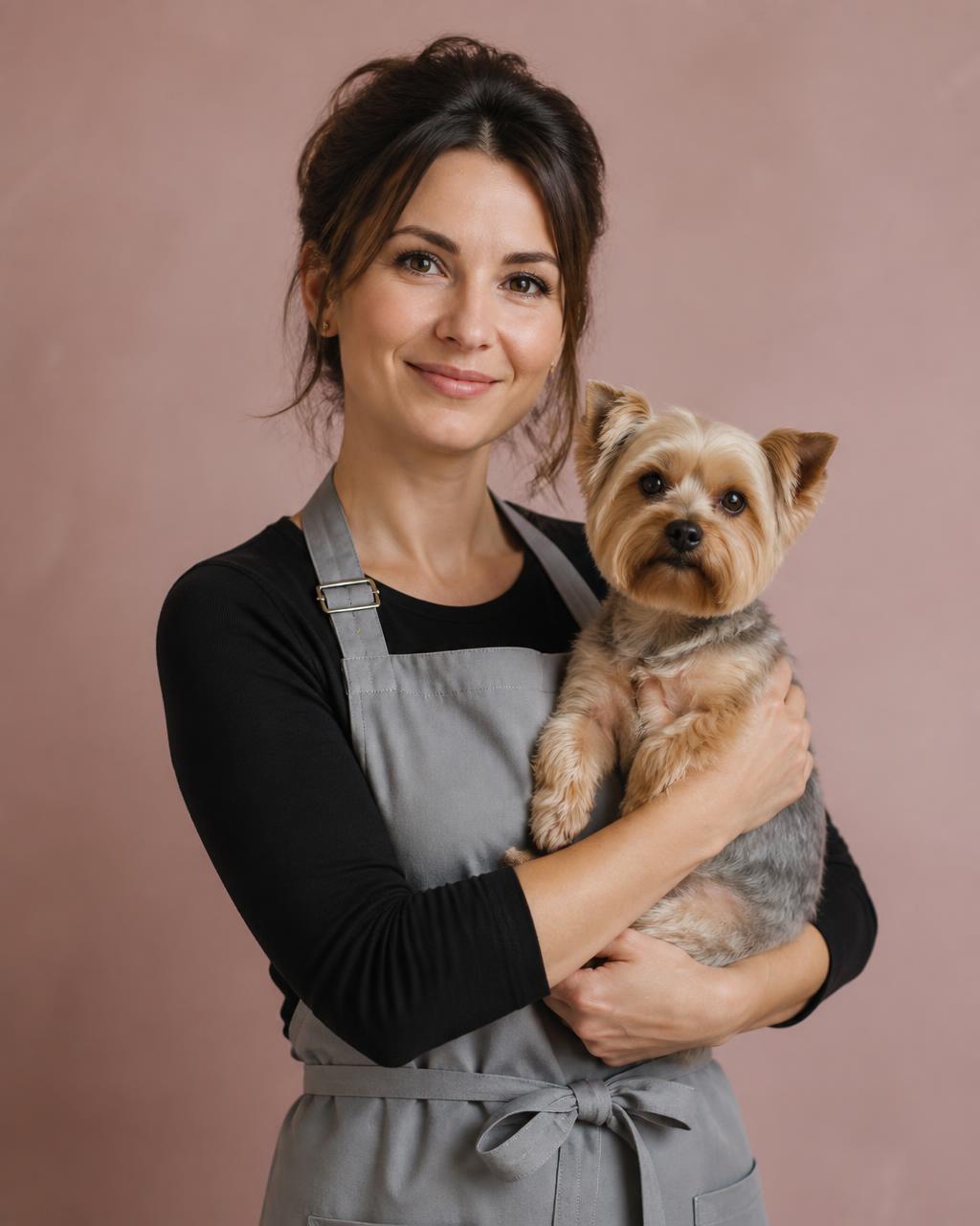 Retrato de Jennifer Rodríguez con un yorkshire terrier